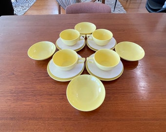 Mid Century Marvelous Yellow & White Melmac Cups/Saucers. Plates, Bowls By Sun Valley