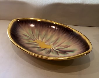 Mid-Century Modern Marked Dumler & Breiden West German Pottery Dish - Yellow Brown Gold Details