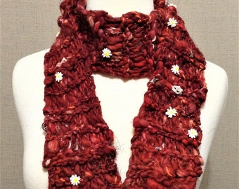Knitted Dark Red Daisy Scarf, Handknit Wool Winter Scarf, Unique Burgundy Scarf With Flowers, OOAK, Knitted Gift For Her, Warm Red Scarf