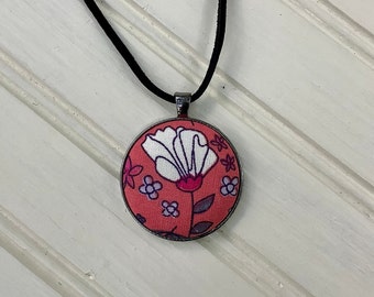 Flower Covered Button Pendant, Cotton Fabric, Floral Necklace, Unique Handmade OOAK Jewelry, Gift for Her, Girlfriend Gift, Coral