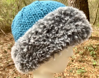 Blue Fur Trimmed Wool Hat, Warm Winter Hat, Unique Handmade OOAK, Knitted Gift for Her, Winter Gift, Blue with Grey Fur, Girlfriend Gift