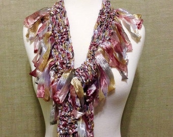 Hand Knit Ribbon Scarf with Loopy Fringe, Pink Sandstone Color, Knitted Scarf, Summer Scarf, Fringe Scarf, Gift for Her, Wearable Art, OOAK
