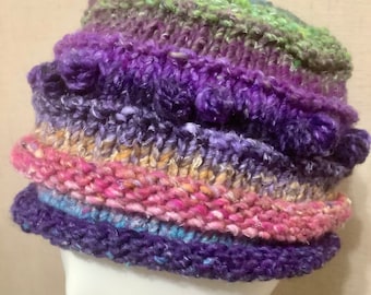 Multi Colored Wool Silk Hat, Hand Knit Winter Hat with Bobbles, Unisex Colorful Warm Hat, Unique Handmade OOAK, Wearable Art, Knitted Gift
