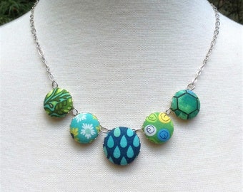 Covered Button Necklace in Blues and Greens, Cotton Fabric Buttons, Wearable Art, Unique Handmade Jewelry, OOAK, Floral, Geometric, Aquatic