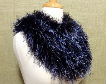 Hand Knit Fur Cowl, Black and Blue Furry Knitted Cowl, Handmade, Soft Fur, Warm, Gift for Her, Unique Knitted Winter Cowl, Handknit, OOAK