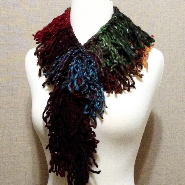 Handknit Fringe Scarf, Multi Color Wool and Silk, Unique Fringed Knitted Scarf, Winter Scarf, Handmade, Gift for Her, Lots of Fringe, OOAK