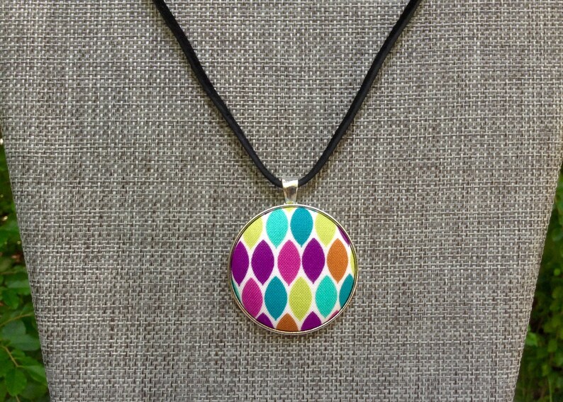 Cotton Fabric Jewel Tones Multi Color OOAK Gift for Her Geometric Fabric Covered Button Pendant Necklace Unique Handmade Jewelry
