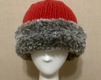 Knitted Red Fur Trimmed Wool Hat, Faux Fur Warm Winter Hat, Unique Handmade OOAK, Gift For Her, Knitted Gift, Soft Fur Brim, Hand Knit Hat