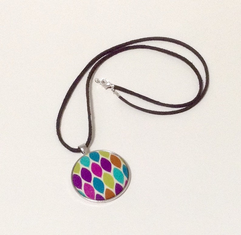 Cotton Fabric Jewel Tones Multi Color OOAK Gift for Her Geometric Fabric Covered Button Pendant Necklace Unique Handmade Jewelry