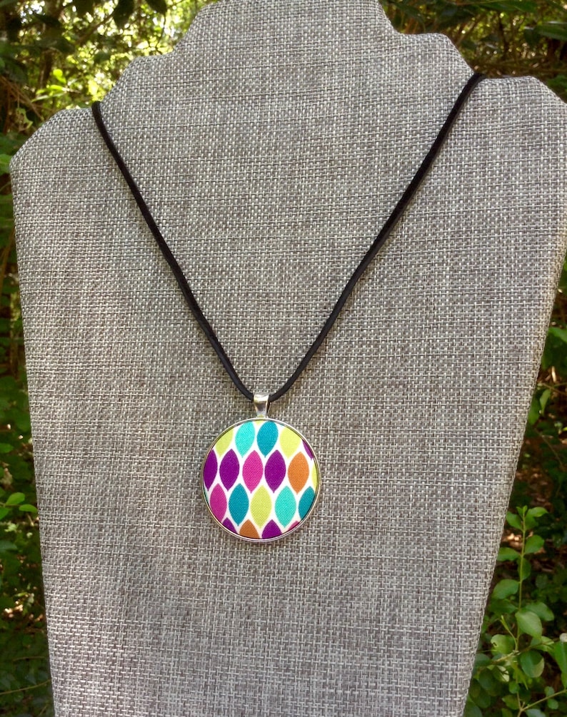 Cotton Fabric Jewel Tones Multi Color OOAK Gift for Her Geometric Fabric Covered Button Pendant Necklace Unique Handmade Jewelry