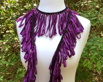 Hand Knit Fringe Scarf, Purple and Black, Lightweight Summer Scarf, Loopy Fringe, Stylish Accessory, Wearable Art, Unique Handmade OOAK