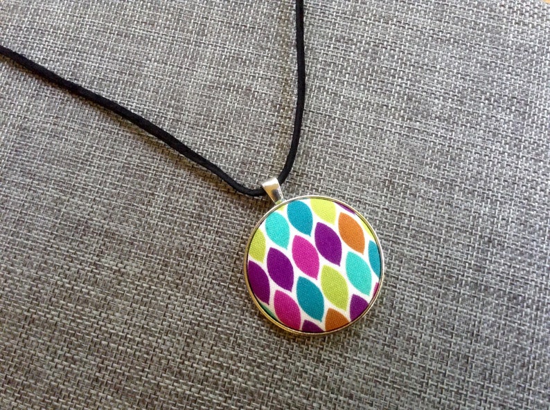 Cotton Fabric Jewel Tones Multi Color OOAK Gift for Her Geometric Fabric Covered Button Pendant Necklace Unique Handmade Jewelry