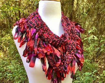 Hand Knit Ribbon Scarf, Loopy Fringe, Red and Black, Knitted Summer Scarf, Gift for Her, Wearable Art, Fringe Scarf, Unique Handmade OOAK