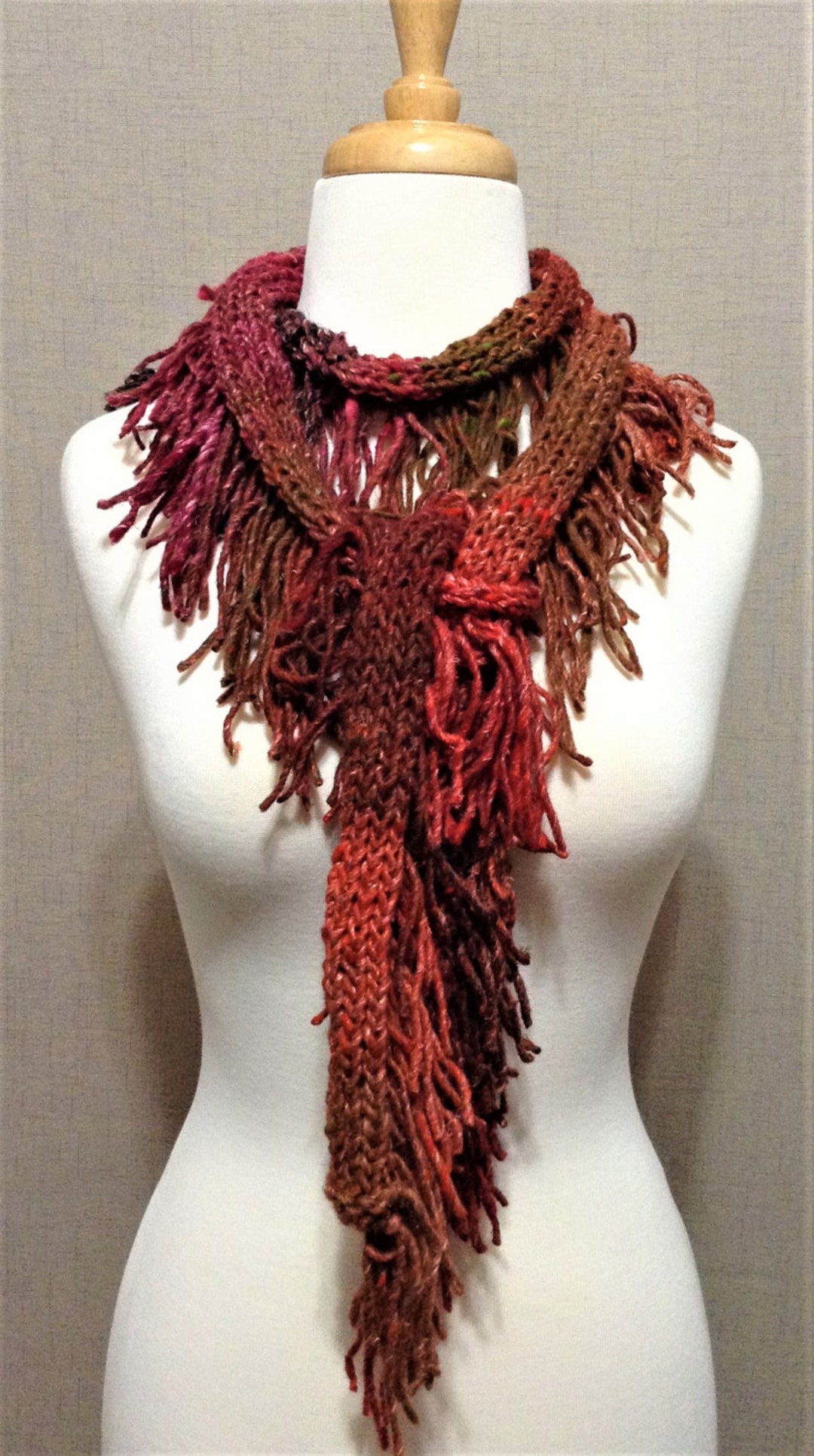 Knitted Fringe Scarf, Red Wool and Silk Handknit Scarf, Unique Fringed ...
