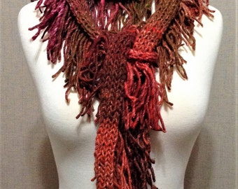 Knitted Fringe Scarf, Red Wool and Silk Handknit Scarf, Unique Fringed Winter Scarf, Handmade, OOAK, Gift for Her, Warm Fringe, Brick Red