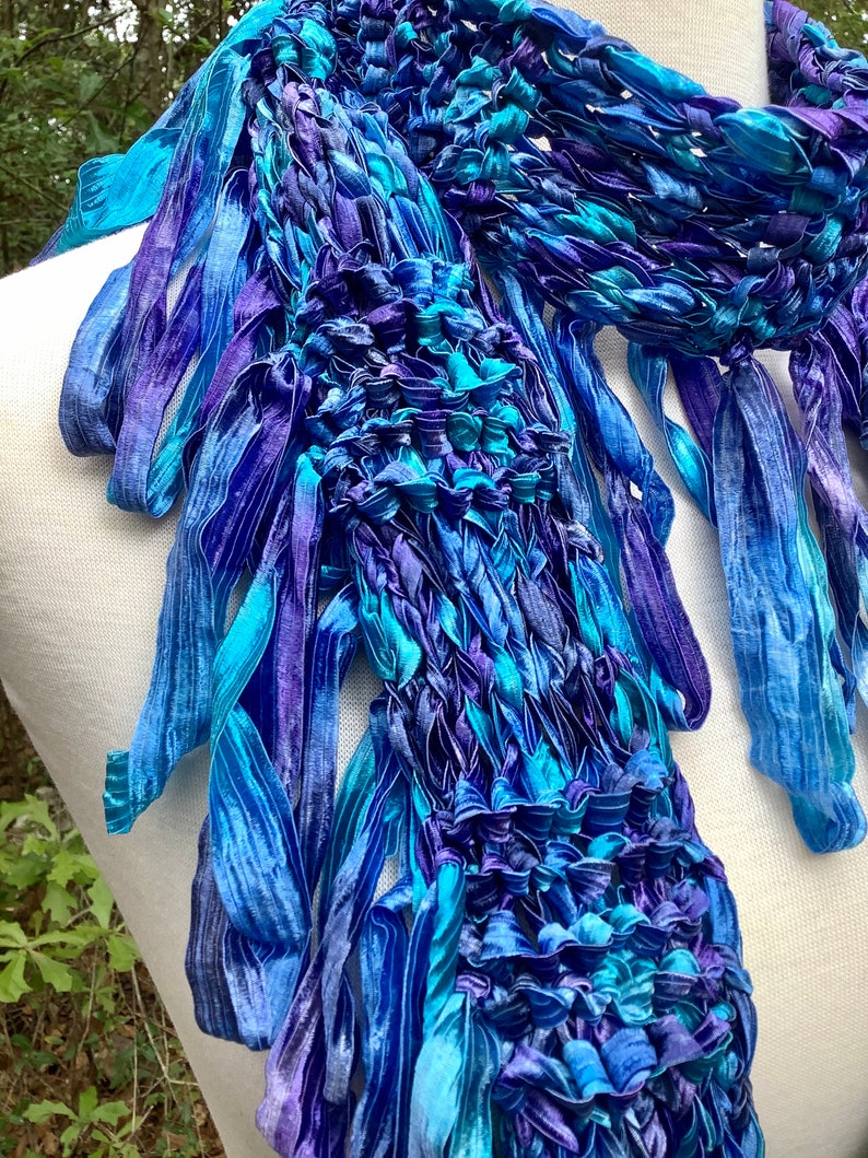 Handknit Ribbon Scarf, Loopy Fringe, Blue and Purple, Knitted Summer ...