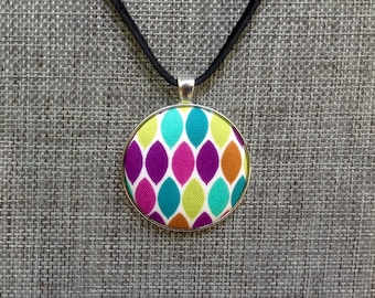 Fabric Covered Button Pendant Necklace, Jewel Tones, Geometric, Cotton Fabric, Unique Handmade Jewelry, Gift for Her, Multi Color, OOAK