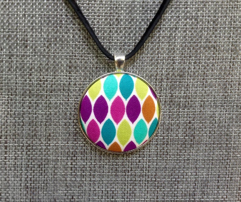 Cotton Fabric Jewel Tones Multi Color OOAK Gift for Her Geometric Fabric Covered Button Pendant Necklace Unique Handmade Jewelry