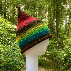 May include: A colorful knitted hat with a pointed top. The hat is made with a rainbow of colors, including red, orange, yellow, green, blue, and purple. The hat has a brown brim.