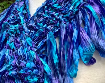 Handknit Ribbon Scarf, Loopy Fringe, Blue and Purple, Knitted Summer Scarf, Gift for Her, Unique Handmade OOAK, Wearable Art, Fringe Scarf