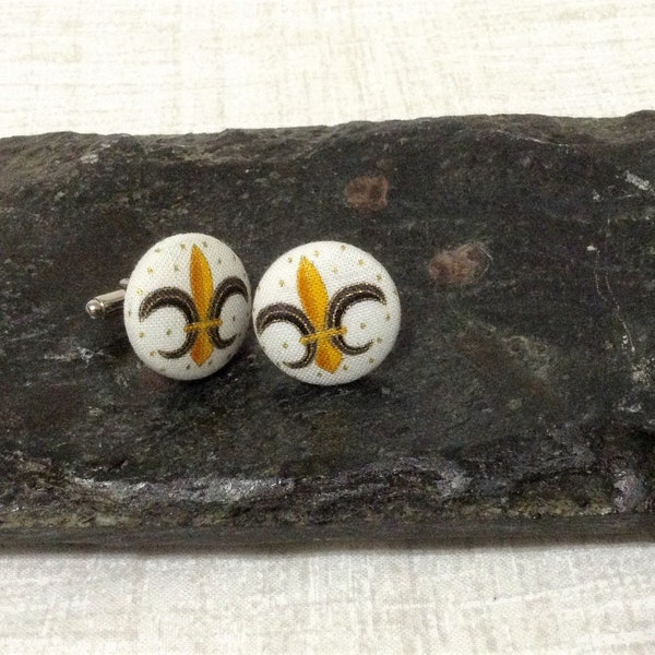 Fleur de Lis Cuff Links, Fabric Covered Buttons, Who Dat Nation, White, Black, and Gold,Geaux Saints, OOAK, Unique Handmade, New Orleans