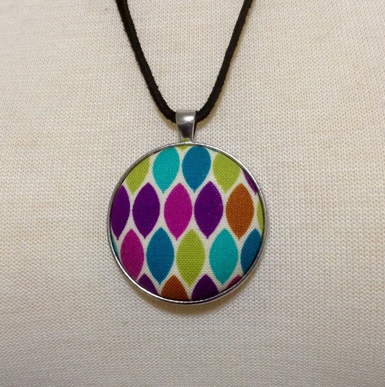 Cotton Fabric Jewel Tones Multi Color OOAK Gift for Her Geometric Fabric Covered Button Pendant Necklace Unique Handmade Jewelry