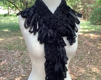 Handknit Ribbon Scarf with Loopy Fringe, Black, Knitted Summer Scarf, Unique Handmade, OOAK, Gift for Her, Wearable Art, Fringe Scarf, Black