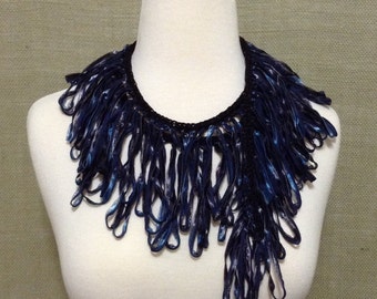 Handknit Fringe Scarf, Blue & Black, Summer Scarf, Lightweight, Loopy Fringe, Accessory, Gifts for Her, Stylish, Unique, Wearable Art, OOAK