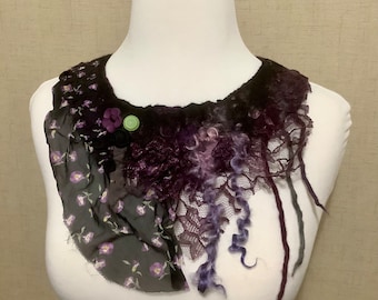 Purple, Black Felted Collar, Wool Silk Lace with Buttons, Unique Handmade OOAK, Wearable Art, Nuno Felt Gift for Her, Lightweight  Floral