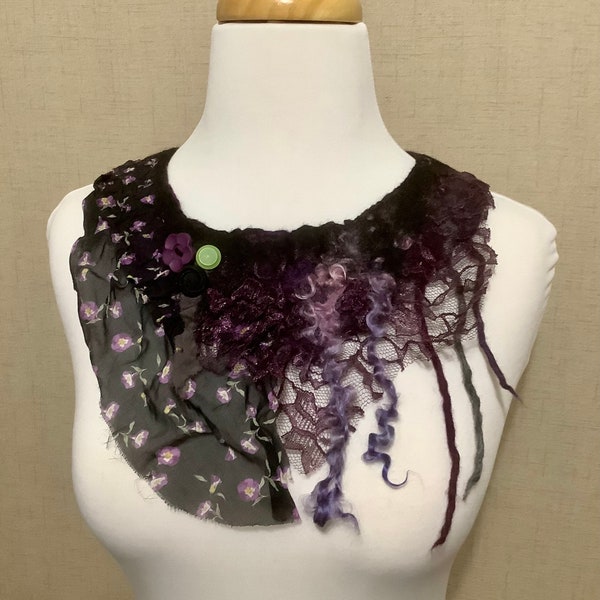 Purple, Black Felted Collar, Wool Silk Lace with Buttons, Unique Handmade OOAK, Wearable Art, Nuno Felt Gift for Her, Lightweight  Floral