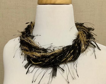 Black and Gold Fiber Necklace, Yarn Necklace, OOAK Unique Statement Jewelry, Gift Under 30, Gift for Her, Wearable Art, Handmade, Saints