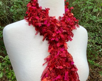 Hand knit Summer Scarf, Red and Pink Lightweight Knitted Scarf, Unique Handmade OOAK, Gift for Her, Wearable  Art, Texture, Girlfriend Gift