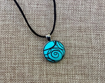 Covered Button Pendant, Turquoise with Black Swirls, Cotton Fabric, Fiber Jewelry, Retro Necklace, Unique Handmade OOAK, Gift Under 30