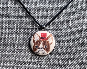 French Bulldog Pendant, Covered Button Necklace, Unique Handmade French Bulldog Jewelry, OOAK, Linen/Cotton Fabric, Gift for Her, Dog Lover