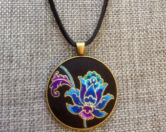 Flower Covered Button Pendant, Blue Purple Black Fabric, Floral Necklace, Unique Handmade Jewelry, OOAK, Gift For Her, Girlfriend Gift