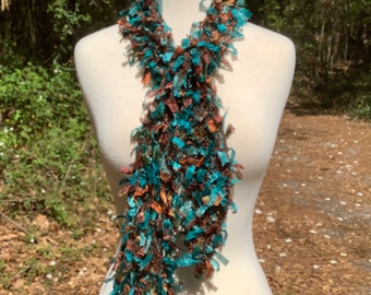 Hand knit Summer Scarf, Turquoise and Brown, Lightweight Knitted Scarf, Handmade, OOAK, Wearable Art, Gift for Her, Cool Scarf, Unique