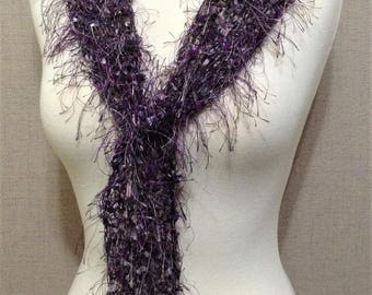 Handknit Eyelash Scarf, Purple, Lightweight Summer Scarf, Knitted, OOAK, Lacy Triangle Scarf, Handmade, Gift for Her, Unique, Fringe Scarf