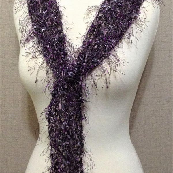 Handknit Eyelash Scarf, Purple, Lightweight Summer Scarf, Knitted, OOAK, Lacy Triangle Scarf, Handmade, Gift for Her, Unique, Fringe Scarf