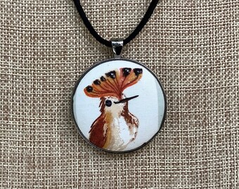 Fabric Covered Button Pendant, Crested Bird Necklace, Cotton Fabric, Fiber Jewelry, Unique Handmade OOAK, Bird Lover Gift, Bird Watcher