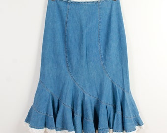 Denim Midi Skirt: Light Blue Lace Pencil Skirt, Size Small