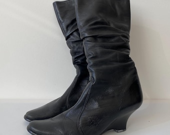 Zwarte leren slappe laarzen: boho slofjes halfhoge sleehak US8/EU39/UK6