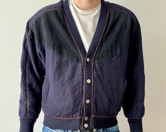 Navy Blue Alpaca Cardigan Faux Leather Shoulder Button Up Alpaca Warm Jacket Mans Cardigan 80s 90s Vintage Size Medium