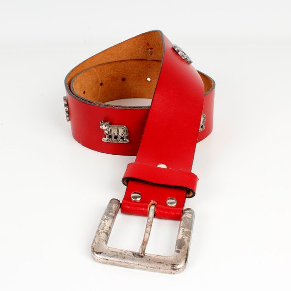 Ceinture en cuir véritable Ceinture en cuir véritable rouge Boucle en métal Ceinture bohème country western en cuir Accessoires vintage