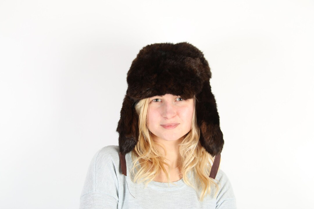 Vintage Rabbit Fur Hat Soviet USSR Russian Ushanka Unisex Brown Warm ...
