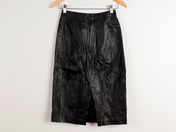 Vintage Real Leather Skirt Black Genuine Leather … - image 2