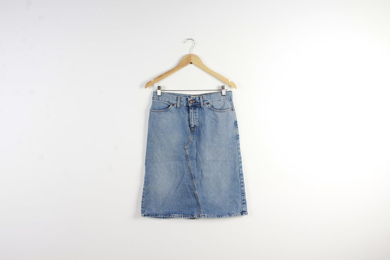 Blue Denim Skirts Pencil Front Slit Skirt Low Waist Bleached Denim 90s