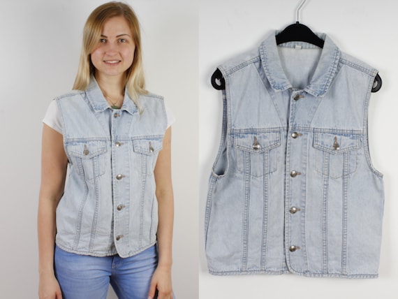 90s Style Women Blue Denim Vest Fitted Jeans Women Waistcoat