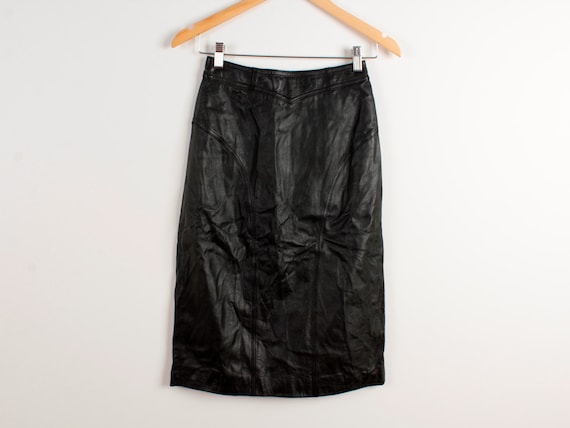 Vintage Real Leather Skirt Black Genuine Leather … - image 1