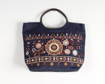 Vintage Dark Blue Denim Handbag: Boho Festival Bag