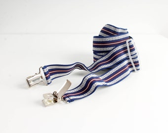 Vintage Rubber Braces Blue White Ornamented Mens Adjustable Suspenders Hippie Braces